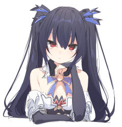 Rule 34 | absurdres, bare shoulders, black hair, breasts, buran buta, cleavage, collar, dissapointed, dress, frown, gloves, hair between eyes, highres, long hair, medium breasts, neptune (series), noire (neptunia), red eyes, ribbon, simple background, solo, tsundere, twintails, white background