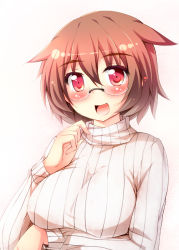Rule 34 | 1girl, animal ears, blush, breasts, brown hair, fang, glasses, large breasts, long sleeves, looking at viewer, open mouth, original, pink eyes, ribbed sweater, short hair, simple background, smile, solo, sweater, tekehiro, turtleneck, upper body, white background