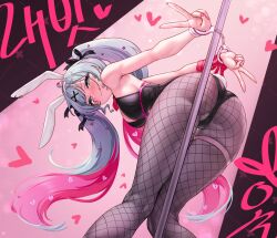 Rule 34 | 1girl, animal ears, aqua hair, ass, black leotard, blue eyes, breasts, cleavage, colored inner hair, commentary request, cuffs, double v, fake animal ears, fishnet pantyhose, fishnets, from behind, greenteamousou, hair ornament, hairclip, handcuffs, hatsune miku, heart, highres, korean commentary, leotard, long hair, looking back, medium breasts, multicolored hair, nail polish, pantyhose, pink hair, pink nails, playboy bunny, pole, rabbit ears, rabbit hole (vocaloid), rabbit tail, smile, solo, stripper pole, tail, thigh strap, tongue, tongue out, twintails, v, vocaloid, x hair ornament
