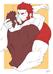 Rule 34 | 2boys, arms around neck, ass grab, bara, beard, blush, brown hair, couple, closed eyes, facial hair, fate/grand order, fate (series), french kiss, hand on another&#039;s head, highres, iskandar (fate), k ei3k, kiss, long sideburns, male focus, manly, multiple boys, muscular, napoleon bonaparte (fate), partially colored, red hair, saliva, saliva trail, shirt, t-shirt, upper body, veins, yaoi