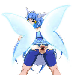 Rule 34 | 10s, 1girl, anus, aoki reika, ass, blue hair, blush, cleft of venus, cure beauty, long hair, looking at viewer, looking back, precure, presenting, pussy, shiny skin, smile precure!, solo, spread anus, tedain, uncensored, white background, wings