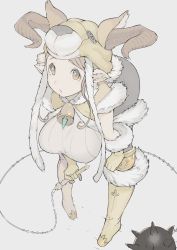 Rule 34 | 10s, 1girl, animal hat, bell, bokokichi (you), boots, breasts, brown eyes, brown gloves, brown hair, buttons, commentary request, daetta (granblue fantasy), draph, full body, fur trim, gloves, granblue fantasy, grey background, hat, holding, holding weapon, horns, large breasts, leaning forward, long hair, looking at viewer, pantyhose, pointy ears, simple background, solo, standing, weapon