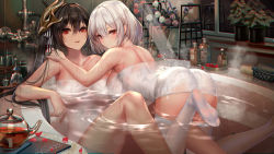 Rule 34 | 2girls, ass, azur lane, bath, black hair, blush, breasts, cleavage, closed mouth, collarbone, commentary request, d. (ddot2018), from behind, hair between eyes, hair ribbon, highres, indoors, large breasts, long hair, looking at viewer, looking back, mask, mask on head, multiple girls, naked towel, open mouth, partially submerged, red eyes, ribbon, short hair, sirius (azur lane), smile, striped ribbon, taihou (azur lane), thighhighs, towel, twintails, very long hair, water, wet, wet towel, white hair, white legwear