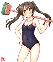 Rule 34 | 1girl, alternate color, alternate costume, artist logo, blue one-piece swimsuit, breasts, broom, brown eyes, cleaning brush, cleavage, collarbone, commentary request, competition school swimsuit, contrapposto, covered navel, cowboy shot, dated, frown, grey hair, hair ribbon, hand on own hip, head tilt, highres, kanon (kurogane knights), kantai collection, legs apart, long hair, looking at viewer, one-piece swimsuit, parted bangs, ribbon, school swimsuit, simple background, small breasts, solo, standing, swimsuit, thighs, twintails, white background, white ribbon, zuikaku (kancolle)