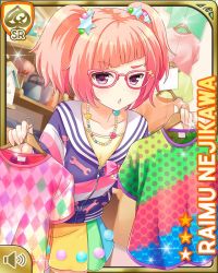 Rule 34 | 1girl, :o, asymmetrical legwear, character name, clothes hanger, girlfriend (kari), holding, indoors, jacket, jewelry, looking at viewer, mismatched legwear, necklace, nejikawa raimu, official art, open mouth, pink hair, pink shirt, purple eyes, purple jacket, qp:flapper, rainbow skirt, shirt, shop, shopping, skirt, solo, standing, tagme, tie-dye, twintails