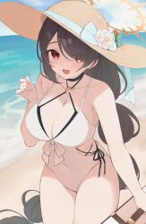 Rule 34 | arm up, beach, black hair, blue archive, blue ribbon, breasts, flower, hair over one eye, halo, halterneck, hat, hat flower, hat ribbon, highres, hinata (blue archive), hinata (swimsuit) (blue archive), holding case, large breasts, one-piece swimsuit, open mouth, red eyes, ribbon, sun hat, swimsuit, three quarter view, usami 0288