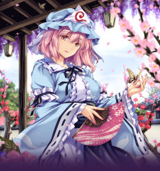 Rule 34 | 1girl, arm garter, black ribbon, blue dress, blue hat, blue sash, blue sky, branch, breasts, bug, butterfly, center frills, cherry blossoms, cloud, cowboy shot, day, dress, floral print, flower, folding fan, frilled shirt collar, frilled sleeves, frills, hair between eyes, hand fan, hat, head tilt, highres, holding, holding fan, insect, large breasts, long sleeves, looking at viewer, mob cap, monety, nail polish, neck ribbon, outdoors, parted lips, petals, pink eyes, pink flower, pink hair, pink lips, pink nails, ribbon, ribbon-trimmed collar, ribbon-trimmed sleeves, ribbon trim, saigyouji yuyuko, sash, short hair, sky, smile, solo, touhou, tree, triangular headpiece, veil, wide sleeves