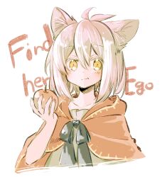 Rule 34 | 1girl, animal ears, apple, cape, cat ears, cat girl, food, fruit, highres, holding, holding food, holding fruit, hood, hood down, hooded cape, mono (nekogoya), original, red cape, short hair, simple background, smile, upper body, white background, white hair, yellow eyes
