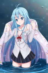 Rule 34 | 10s, 1girl, ahoge, blue eyes, blue hair, breasts, cleavage, denpa onna to seishun otoko, fllay, futon, highres, long hair, matching hair/eyes, night, off shoulder, open mouth, pleated skirt, skirt, solo, touwa erio, ufo, wading, water