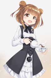 Rule 34 | 10s, 1girl, :d, beatrice (princess principal), brown eyes, brown hair, cup, double bun, highres, looking at viewer, open mouth, pouring, princess principal, school uniform, smile, solo, standing, teacup, teapot, xuan chu