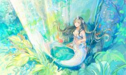 Rule 34 | 1girl, absurdres, black hair, blue eyes, blunt bangs, breasts, cleavage, fish, flower, goldfish, hair flower, hair ornament, highres, horns, jewelry, liliantsai0417, long hair, medium breasts, mermaid, monster girl, necklace, original, scales, single horn, sitting, smile, solo, tail, tail flower, tail ornament, water
