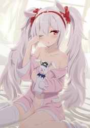 Rule 34 | 1girl, animal ears, azur lane, blush, breasts, collarbone, convenient censoring, gotyou, hair between eyes, hairband, highres, indoors, laffey (azur lane), long hair, looking at viewer, navel, no bra, no panties, one eye closed, open clothes, pajamas, parted lips, red eyes, silver hair, single thighhigh, sitting, small breasts, solo, thighhighs, twintails, wariza, white thighhighs