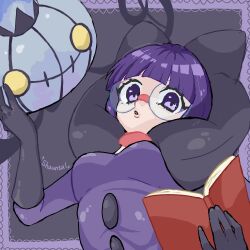 Rule 34 | 1girl, black bow, blunt bangs, bob cut, book, bow, breasts, buttons, chandelure, creatures (company), deli bird, elbow gloves, fire, game freak, gen 5 pokemon, ghost, glasses, gloves, holding, holding book, holding notebook, large bow, large breasts, nintendo, notebook, pokemon, pokemon (creature), pokemon bw, purple eyes, purple fire, purple hair, purple skirt, round eyewear, shauntal (pokemon), skirt, underbust