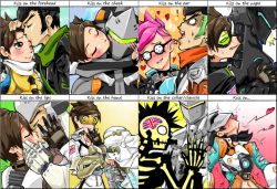 Rule 34 | 1boy, 1girl, alternate costume, alternate hair color, blush, brown hair, chip-tooth, chiptooth, couple, cyborg, ear piercing, english text, genji (overwatch), goggles, head back, helmet, hetero, implied cunnilingus, kiss, kissing cheek, kissing forehead, kissing hand, kissing neck, official alternate costume, out-of-frame censoring, overwatch, overwatch 1, piercing, pink hair, punk tracer, slipstream tracer, tongue, tongue out, torogao, tracer (overwatch), union jack, x-ray vision