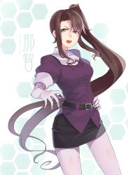 Rule 34 | 10s, 1girl, belt, breasts, brown hair, character name, cowboy shot, elbow gloves, gloves, hand on own hip, kantai collection, long hair, looking at viewer, nachi (kancolle), pantyhose, pencil skirt, retsuna, simple background, skirt, solo, very long hair, white gloves, white pantyhose, yellow eyes