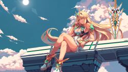 Rule 34 | 1girl, armpits, bare shoulders, blonde hair, blue sky, breasts, chest jewel, cleavage, cleavage cutout, clothing cutout, cloud, crossed legs, dress, earrings, floating hair, full body, highres, itzah, jewelry, long hair, looking at viewer, medium breasts, microdress, mythra (xenoblade), pixel art, sitting, sky, smile, solo, sun, swept bangs, sword, tiara, weapon, white dress, white footwear, xenoblade chronicles (series), xenoblade chronicles 2, yellow eyes