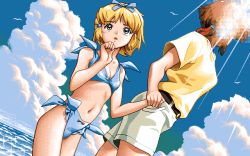 Rule 34 | 1990s (style), 2 shot diary 2, 2girls, belt, bikini, bird, blonde hair, blue bikini, blue bow, bow, bow bikini, breasts, character request, child, cloud, cowboy shot, day, diffraction spikes, dutch angle, emi (2 shot diary 2), game cg, hair bow, holding hands, jaggy lines, lens flare, looking afar, may-be soft, multiple girls, ocean, outdoors, pc98, retro artstyle, shirt, shorts, sky, small breasts, swimsuit, tagme, yellow shirt