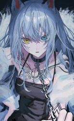 Rule 34 | 1girl, absurdres, animal ears, bare shoulders, black camisole, black collar, blue eyes, blue hair, breasts, camisole, chain, chain leash, chest tattoo, collar, collarbone, commentary, fur trim, grey hair, hair between eyes, heterochromia, highres, holding, holding leash, leash, long hair, looking at viewer, looking up, medium breasts, mole, mole under each eye, mole under eye, multiple moles, open mouth, original, parted lips, shiun (siun 5513), solo, tattoo, upper body, yellow eyes