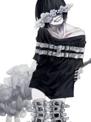 Rule 34 | 1girl, arms behind back, black hair, bob cut, boots, collarbone, female focus, grin, hair over eyes, hammer, head tilt, highres, layered sleeves, long sleeves, ninomae (nnme 618), original, oversized clothes, oversized shirt, pale skin, sharp teeth, shirt, short over long sleeves, short sleeves, simple background, single bare shoulder, smile, solo, strap, stuffed animal, stuffed rabbit, stuffed toy, t-shirt, teddy bear, teeth, thigh boots, weapon, white background