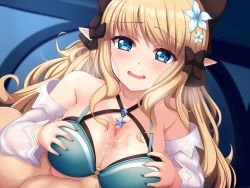 Rule 34 | 1boy, 1girl, aqua bikini, bare shoulders, bikini, black bow, blue eyes, blush, bow, breasts, breasts squeezed together, cleavage, collarbone, elf, flower, hair bow, hair flower, hair ornament, hetero, high ponytail, jewelry, large breasts, long hair, looking at viewer, myuu (arisumeria), o-ring, o-ring bikini, off shoulder, open clothes, open mouth, open shirt, paizuri, paizuri under clothes, pendant, penis, pointy ears, princess connect!, saren (princess connect!), saren (summer) (princess connect!), see-through, shirt, sidelocks, smile, swimsuit, wavy mouth, white shirt