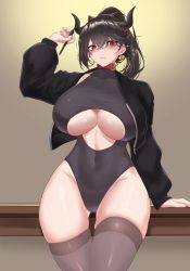 Rule 34 | 1girl, absurdres, black hair, black one-piece swimsuit, blush, breasts, clothing cutout, collar, ear piercing, earrings, gradient background, grey thighhighs, highres, horns, huge breasts, jacket, jewelry, long hair, looking at viewer, mole, mole on breast, mole on thigh, one-piece swimsuit, open clothes, open jacket, original, piercing, ponytail, red eyes, simple (ejhe3475), solo, swimsuit, thighhighs, underboob, underboob cutout