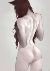 Rule 34 | 1girl, animal ears, ass, completely nude, cowgirl shot, facing away, female focus, from behind, highres, long hair, nape, nat the lich, nude, original, red hair, renard beauchene (nat the lich), simple background, solo, veins