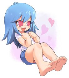 Rule 34 | 1girl, bare legs, barefoot, blue hair, blush, feet, foot focus, friday night funkin&#039;, heart, highres, legs, non-web source, open mouth, oyatsu (mk2), pink eyes, shirt, skirt, sky (friday night funkin&#039;), smile, soles, solo, toes, upskirt, white background, white shirt
