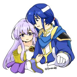 Rule 34 | 1boy, 1girl, blue hair, brother and sister, circlet, dress, fire emblem, fire emblem: genealogy of the holy war, gloves, headband, holding, julia (fire emblem), long hair, nintendo, open mouth, pointing, ponytail, purple eyes, purple hair, seliph (fire emblem), siblings, simple background, white gloves, white headband, yukia (firstaid0)