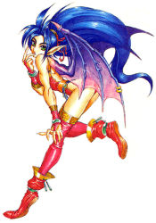 Rule 34 | 1990s (style), 1girl, blue hair, boots, breath of fire, breath of fire ii, capcom, dragon, dragon girl, full body, green eyes, long hair, monster girl, official art, patty the phantom thief, pointy ears, retro artstyle, simple background, solo, thighhighs, thighs, white background, wings, yoshikawa tatsuya