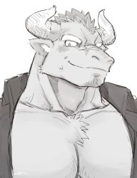 Rule 34 | 1boy, animal ears, bara, bare pectorals, chest hair, cow ears, cow horns, facial hair, furry, furry male, goatee, greyscale, gyumao (housamo), harada (basashi), horns, large pectorals, looking at viewer, male focus, mature male, minotaur, mohawk, monochrome, muscular, muscular male, open clothes, open shirt, pectorals, portrait, short hair, smile, solo, sweatdrop, tokyo houkago summoners