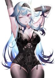 Rule 34 | 1girl, ;o, absurdres, armpits, arms up, black gloves, black hairband, black legwear, blue hair, breasts, cleavage, collarbone, corset, elbow gloves, eula (genshin impact), garter straps, genshin impact, gloves, hairband, hand in own hair, highres, large breasts, lingerie, long hair, looking at viewer, one eye closed, parted lips, purple eyes, rib (rib delesetong), simple background, sitting, solo, stretching, underwear, underwear only, very long hair, white background