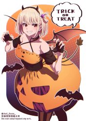 Rule 34 | 1girl, aoi suzu, bat (animal), black gloves, black pantyhose, blonde hair, claw pose, clenched teeth, cowboy shot, criss-cross halter, demon horns, demon tail, dress, fake horns, fake tail, fingerless gloves, gloves, hair ornament, halloween, halloween costume, halterneck, highres, horns, looking at viewer, lycoris recoil, nail polish, nishikigi chisato, official alternate costume, one side up, orange dress, orange eyes, orange nails, pantyhose, pumpkin costume, purple dress, smile, solo, speech bubble, star (symbol), star hair ornament, tail, teeth, trick or treat, twitter username