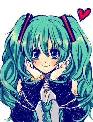 Rule 34 | 1girl, aqua eyes, aqua hair, bad id, bad pixiv id, bare shoulders, blue eyes, blush, bracelet, curly hair, detached sleeves, eyelashes, face, hands on own cheeks, hands on own face, hatsune miku, head in hands, head rest, heart, highres, jewelry, looking at viewer, maya (many pictures), necklace, necktie, simple background, smile, solo, star (symbol), tattoo, twintails, vocaloid