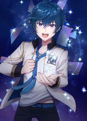 Rule 34 | 1boy, :d, belt, bishounen, blue hair, blue neckwear, blue scarf, chain, from argonavis, jacket, male focus, mugi (iccomae), nanahoshi ren, open mouth, outstretched hand, purple eyes, scarf, smile, solo, sparkle, star (sky)