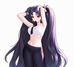 Rule 34 | 1girl, black hair, black pants, breasts, cleavage, commission, cowboy shot, crop top, earrings, fate/grand order, fate (series), gold earrings, hair tie, hair tie in mouth, hands in hair, highres, ishtar (fate), ishtar (fate), jewelry, long hair, medium breasts, midriff, mouth hold, navel, pants, red eyes, simple background, siun, solo, tank top, tight clothes, tight pants, two side up, very long hair, white background