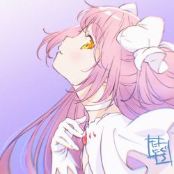 Rule 34 | 1girl, blurry, choker, chromatic aberration, close-up, clothes lift, commentary request, depth of field, eyelashes, female focus, floating hair, from side, glint, gloves, gradient background, hair ribbon, half-closed eyes, hand on own chest, hand up, head tilt, kaname madoka, light blush, light smile, long hair, looking back, mahou shoujo madoka magica, mahou shoujo madoka magica (anime), parted lips, pink hair, profile, purple background, ribbon, shaft look, sidelocks, signature, simple background, solo, taniguchi jun&#039;ichirou, tareme, two side up, ultimate madoka, upper body, white choker, white gloves, white neckwear, white ribbon, wide sleeves, yellow eyes