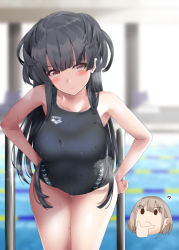 Rule 34 | 2girls, bare shoulders, black hair, black one-piece swimsuit, blush, breasts, brown eyes, closed mouth, collarbone, hands on own hips, idolmaster, idolmaster shiny colors, leaning forward, long hair, looking at viewer, mayuzumi fuyuko, medium breasts, multiple girls, one-piece swimsuit, pool, poolside, serizawa asahi, shirosuzu, swimsuit, thighs, two side up, wet