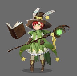 Rule 34 | 1girl, belt pouch, blush, book, boots, bow, brown footwear, brown gloves, full body, gloves, green bow, green eyes, grey background, hair ornament, hairclip, hat, hat feather, highres, holding, holding staff, open book, original, pouch, red hair, short hair, simple background, smile, solo, staff, standing, star (symbol), tachi-e, wizard hat, yiqing (yohare)