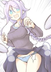 Rule 34 | 1girl, @ @, akara kai, black skirt, blue eyes, clothes lift, commentary request, commission, cowboy shot, disembodied hand, emphasis lines, grey hair, grey sweater, hair flaps, hair over one eye, hair tie, highres, kantai collection, long hair, mole, mole under eye, official alternate costume, open mouth, parted bangs, ribbed sweater, skirt, skirt lift, solo, standing, sweater, umikaze (kancolle), very long hair, white background