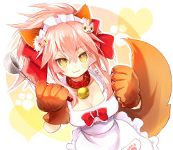 Rule 34 | 1girl, :3, animal ears, animal hands, apron, bad id, bad pixiv id, bell, breasts, cleavage, collar, collarbone, eru (948143), fate/grand order, fate (series), fox ears, fox tail, gloves, hair ornament, hairclip, ladle, large breasts, maid, maid apron, maid headdress, naked apron, neck bell, paw gloves, pink hair, solo, tail, tamamo (fate), tamamo cat (fate), tamamo cat (third ascension) (fate), tamamo no mae (fate/extra), yellow eyes
