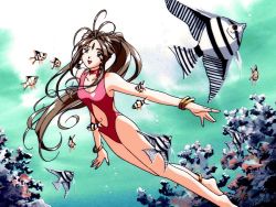 Rule 34 | 1990s (style), 1girl, aa megami-sama, anklet, belldandy, bracelet, brown hair, casual one-piece swimsuit, coral, facial mark, fish, forehead mark, freediving, jewelry, long hair, one-piece swimsuit, retro artstyle, solo, swimsuit, underwater, very long hair, wallpaper