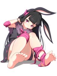 Rule 34 | 1girl, animal ears, barefoot, black dress, black hair, blunt bangs, blush, bow, capelet, closed mouth, commentary request, dress, feet, foot focus, full body, hair bow, hand in own hair, hanoyama, heavyblade rabbit, highres, leg ribbon, long hair, looking at viewer, pink bow, pink eyes, pink ribbon, purple capelet, rabbit and steel, rabbit ears, rabbit girl, ribbon, ribbon-trimmed dress, short bangs, simple background, sitting, smile, solo, toes, white background
