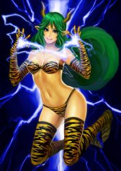 Rule 34 | 1girl, alien, animal print, bikini, blue eyes, boots, breasts, cleavage, elbow gloves, electricity, electrokinesis, gloves, green hair, horns, itou youichi, lightning, long hair, lum, medium breasts, navel, panties, pointy ears, smile, solo, swimsuit, thigh boots, thighhighs, thong, tiger print, tiger striped bikini, underwear, urusei yatsura, very long hair