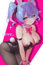 Rule 34 | 1girl, :d, animal ears, arched back, arm strap, ass, bare shoulders, black leotard, black pantyhose, black ribbon, blue eyes, blue hair, bow, bowtie, breasts, cleavage, clothing cutout, cuffs, fake animal ears, haechi ya, hair ornament, hair ribbon, hatsune miku, heart, heart-shaped pupils, heart cutout, highres, large breasts, leotard, looking at viewer, open mouth, pantyhose, pink background, playboy bunny, rabbit ears, rabbit hole (vocaloid), rabbit tail, red bow, red bowtie, ribbon, smile, symbol-shaped pupils, teardrop facial mark, teeth, thighs, twintails, vocaloid, white background, x hair ornament