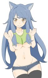 Rule 34 | 1girl, absurdres, animal ears, bad id, bad twitter id, bare arms, bare shoulders, black thighhighs, blue hair, blush, breasts, breasts squeezed together, brown eyes, cat ears, closed mouth, cowboy shot, crop top, cropped shirt, denim, denim shorts, donguri suzume, embarrassed, frown, green shirt, hair tubes, hands up, highres, large breasts, long hair, looking at viewer, navel, shirt, short shorts, shorts, simple background, slit pupils, solo, thighhighs, underboob, very long hair, wavy mouth, white background