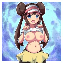 Rule 34 | 1girl, artsheops, black pantyhose, blue background, blue eyes, blush, breasts, brown hair, clothes lift, creatures (company), double bun, game freak, hair bun, heart, heart-shaped pupils, highres, large breasts, looking at viewer, navel, nintendo, nipples, open mouth, pantyhose, pokemon, pokemon bw2, rosa (pokemon), shirt lift, sidelocks, skirt, smile, solo, symbol-shaped pupils, twintails, visor cap