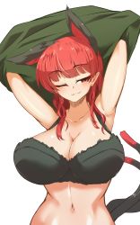 Rule 34 | 1girl, absurdres, alternate hairstyle, animal ears, armpits, arms up, black bra, blunt bangs, bow, bra, breasts, cat ears, cat girl, cat tail, cleavage, closed mouth, dress, earrings, extra ears, green dress, hair down, half-closed eye, highres, huge breasts, jewelry, kaenbyou rin, light blush, looking to the side, multiple tails, navel, nekomata, one eye closed, pandain, pointy ears, red eyes, red hair, simple background, smile, solo, tail, touhou, two tails, underwear, undressing, upper body, white background