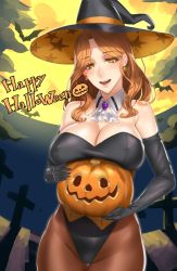 Rule 34 | 1girl, absurdres, animal, bare shoulders, bat (animal), black gloves, black leotard, breasts, brown hair, cleavage, cloud, covered erect nipples, cross, damegane, detached collar, earrings, elbow gloves, gem, gloves, halloween, happy halloween, hat, highres, holding, jack-o&#039;-lantern, jewelry, large breasts, leotard, lips, long hair, looking at viewer, moon, myl&eacute;ne (damegane), night, night sky, open mouth, original, outdoors, pantyhose, parted bangs, pumpkin, sky, smile, solo, star (symbol), star print, strapless, strapless leotard, witch hat, yellow eyes