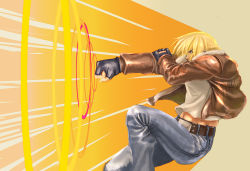 Rule 34 | 1boy, blonde hair, bomber jacket, chari (haru pict), command input, denim, fatal fury, fingerless gloves, garou: mark of the wolves, gloves, jacket, male focus, muscular, pants, punching, snk, solo, terry bogard, the king of fighters