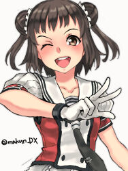Rule 34 | 1girl, black hair, black neckerchief, brown eyes, buttons, double-breasted, double bun, gloves, hair bun, highres, kantai collection, maakun (makun dx), naka (kancolle), naka kai ni (kancolle), neckerchief, one-hour drawing challenge, one eye closed, open mouth, round teeth, sailor collar, school uniform, serafuku, short hair, simple background, smile, solo, teeth, twitter username, two-tone shirt, upper body, upper teeth only, white background, white gloves, white sailor collar